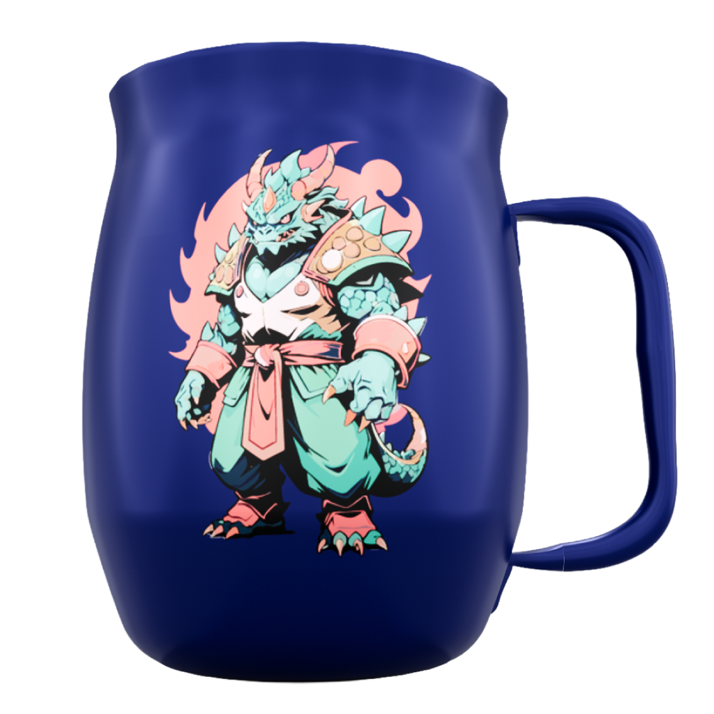 Double Barrel Mug – Blue Powder Coat, Fiery Kaiju