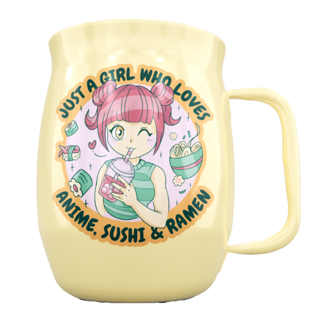 Double Barrel Mug – Yellow Powder Coat, Girl Anime Sushi Ramen