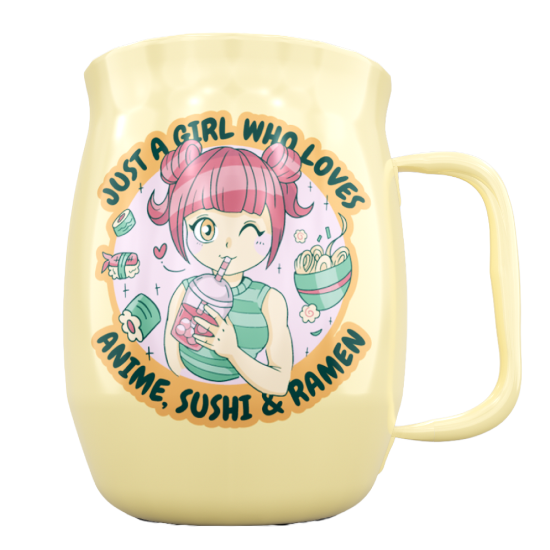 Double Barrel Mug – Yellow Powder Coat, Girl Anime Sushi Ramen