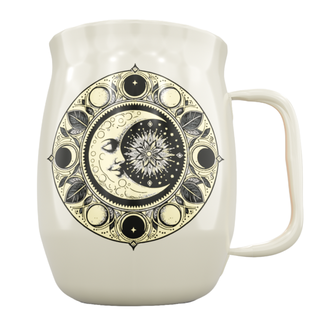 Double Barrel Mug – White Powder Coat, Lunar Mandala