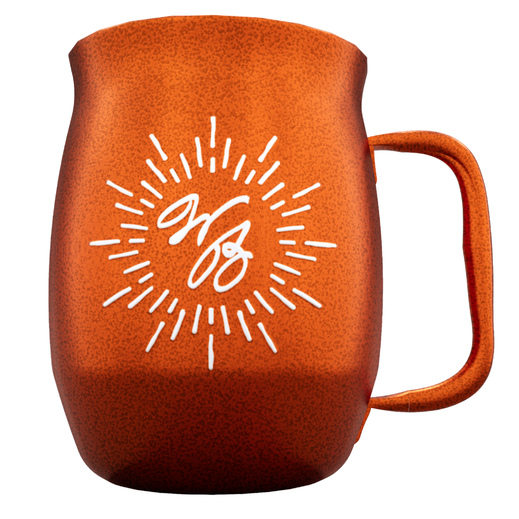 Double Barrel Mug – Orange Textured Powder Coat, White Silk Screen