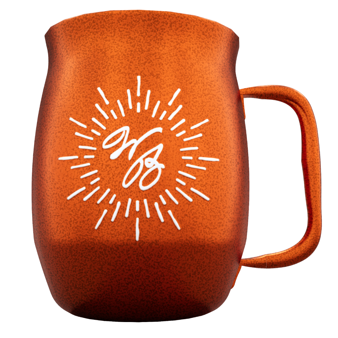 Double Barrel Mug – Orange Textured Powder Coat, White Silk Screen