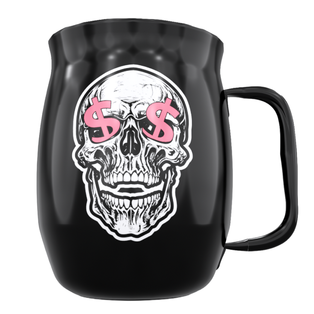Double Barrel Mug – Black Powder Coat, Skull + Money